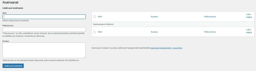 WordPress, lisää uusi avainsana