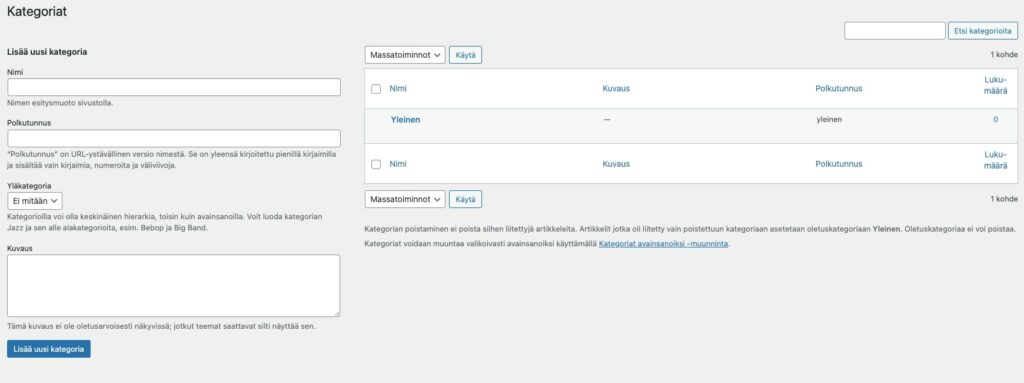WordPress, lisää uusi kategoria
