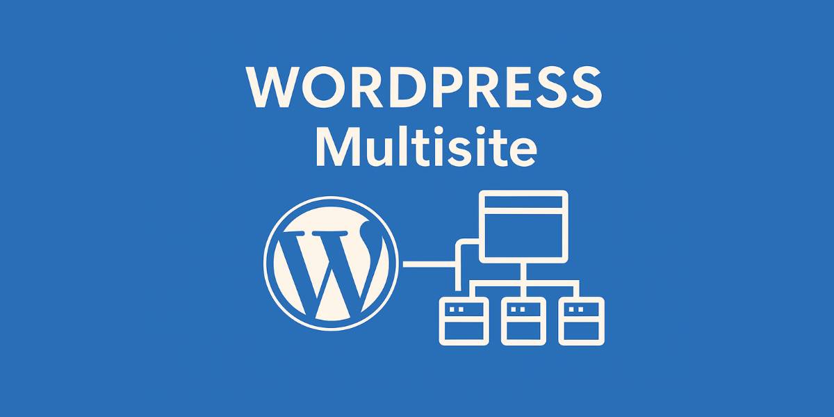 WordPress Multisite -otsikko sinisellä taustalla, alla WordPress-logo ja kaaviomainen kuva useista toisiinsa yhdistetyistä sivustoista, jotka havainnollistavat Multisite-toimintoa.